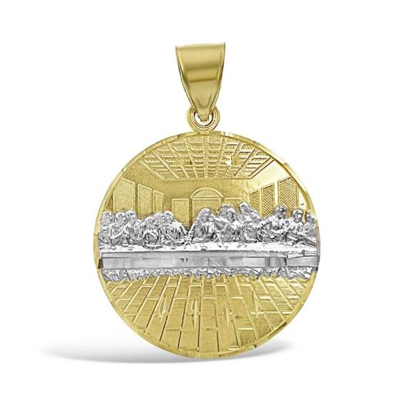Last Supper Round Pendant 10k Two Tone Gold Charm 1.4 inch - Picture 1 of 2